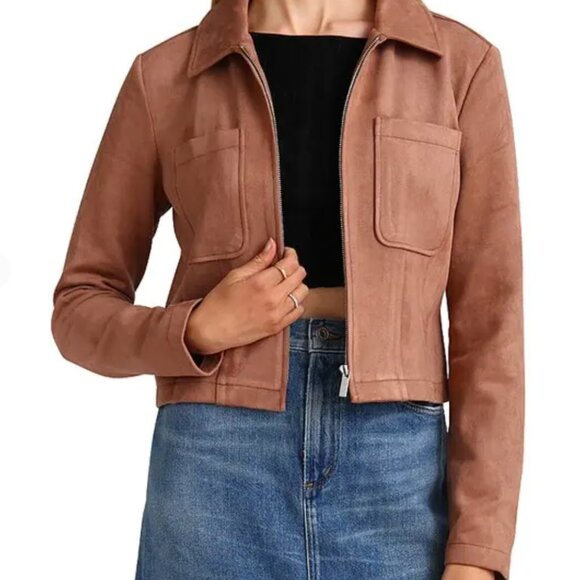 Bagatelle Jacket Womens Large Mink Brown Faux Suede Zip Front Cropped Coat L - Picture 1 of 8